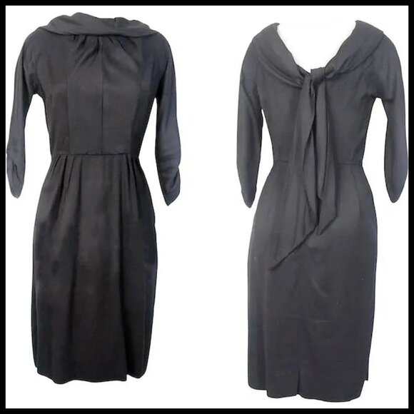 Little Black Wiggle Dress 50s Vintage with Low Back Interest VFG Sexy Bodycon - Picture 3 of 16